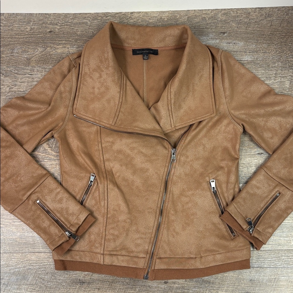 Dance & Marvel Camel Faux Suede Moto Jacket (Size Large)